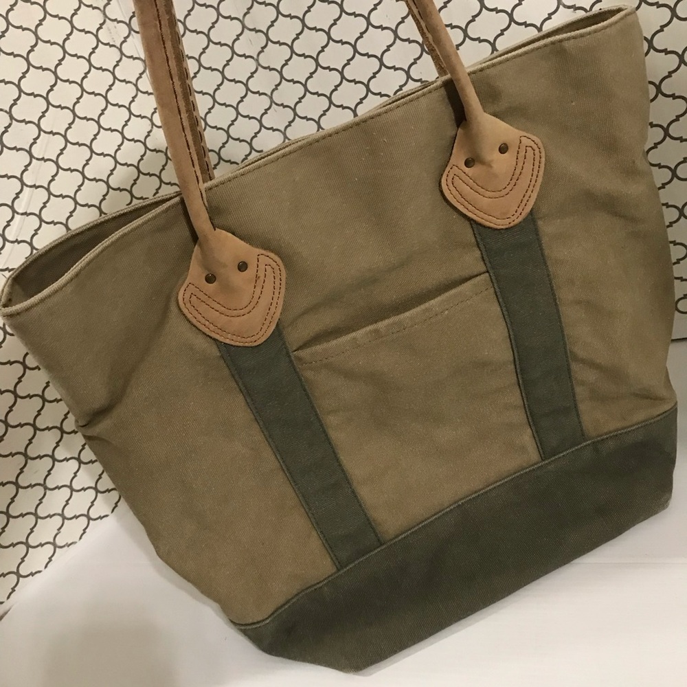 LL Bean Leather Handles Tote Bag Canvas Plaid Lined Brown Green Boat Vintage - Picture 6 of 13